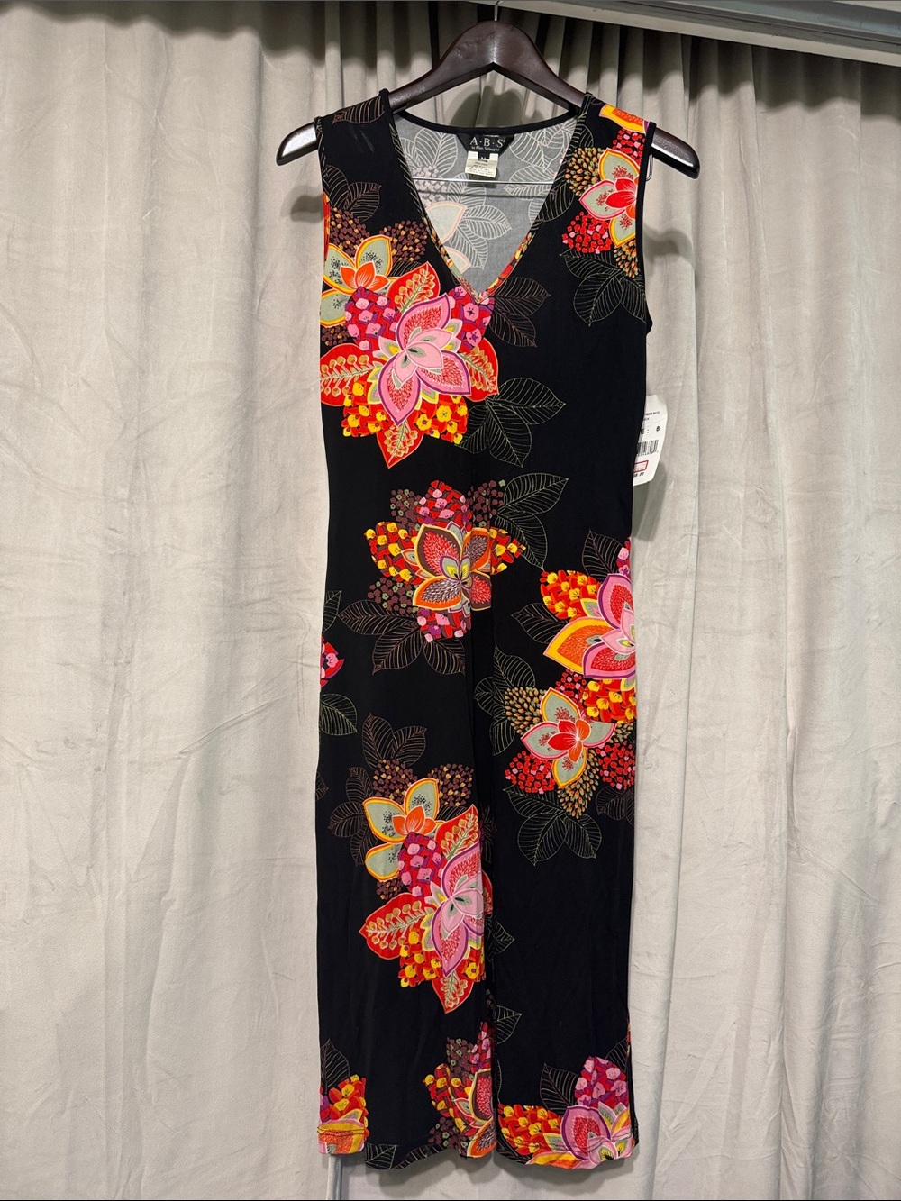 Allen B. By Allen Schwartz Black Midi Dress with Pink and Orange Floral Print